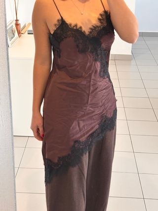 Camisón Mango encaje negro y marrón Talla S