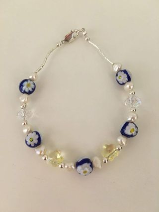 Pulsera Plata 925 Cristal Murano Flores Azules, cr