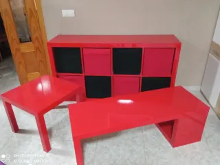 Mueble Cubos Rojo + Mesa Centro + Mesa Auxiliar