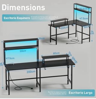 Escritorio Gaming L Negro con Estante y luces les