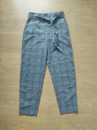 Pantalón paperbag cuadros gris Mango T.38