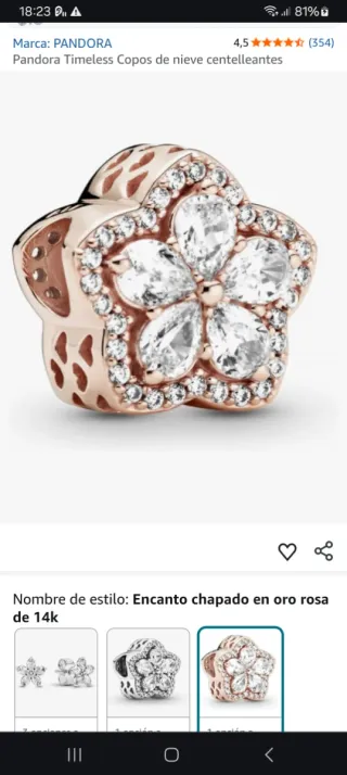 Charm Pandora Copo de nieve oro rosa.