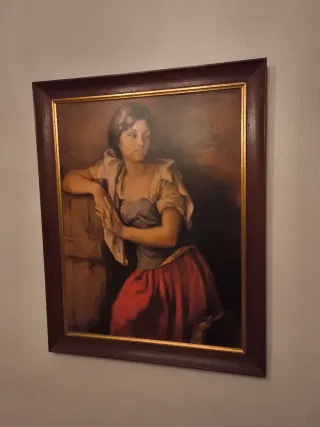 Cuadro antiguo mujer con falda roja 82x65