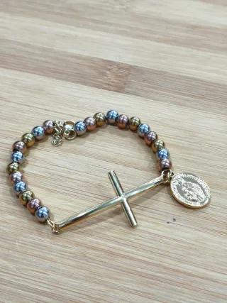 Pulsera Acero Inoxidable Bolitas y Cruz