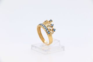 ANILLO GRANDE CORONA 15 CIRCONITAS AZULES. Oro 18k