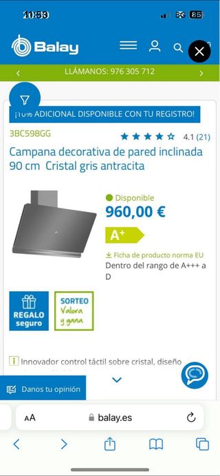 Campana Balay 90cm Cristal Gris Antracita