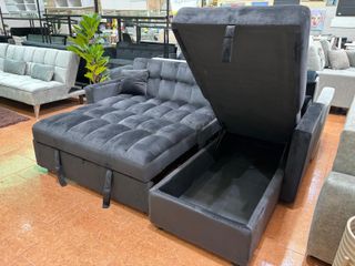 Sofá cama matrimonio con chaise longue y arcón