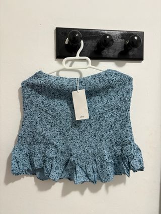 Falda Mango Azul Estampada Volantes