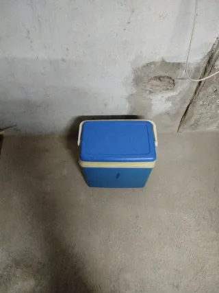 Nevera portátil azul y amarilla