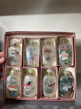 Set 8 Bottiglie Profumo Vetro Dipinte Uccelli