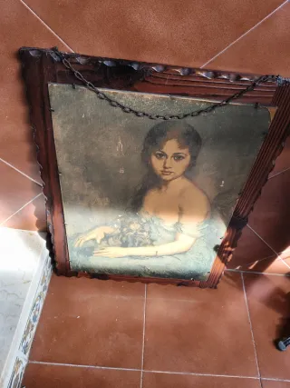 Cuadro antiguo madera tallada foto mujer