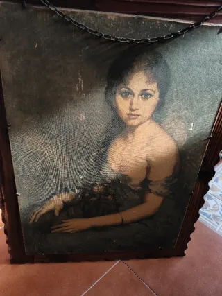 Cuadro antiguo madera tallada foto mujer