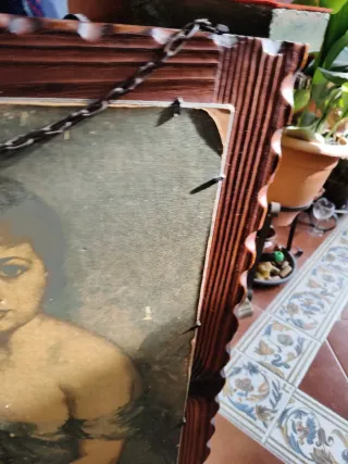 Cuadro antiguo madera tallada foto mujer