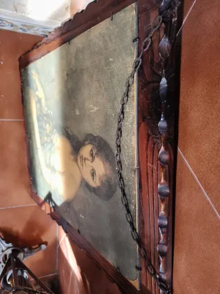 Cuadro antiguo madera tallada foto mujer