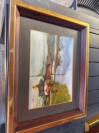 Cuadro acuarela barcos y paisaje