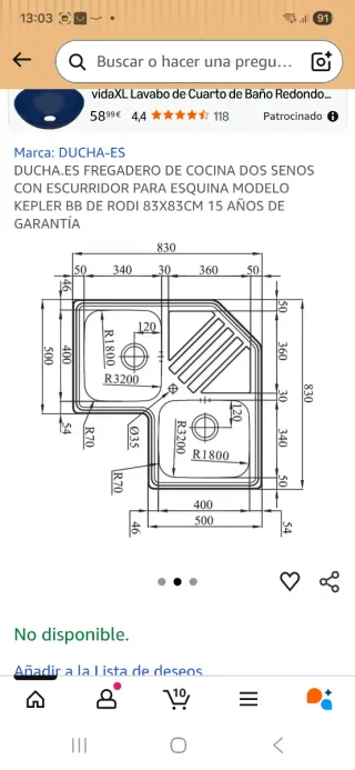 Fregadero doble esquina metálico