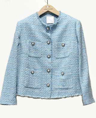 Chaqueta tweed celeste botón joya Mango 3 XL
