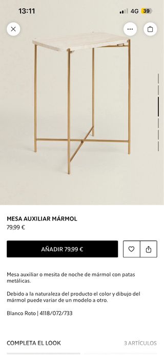 Mesa Auxiliar Zara Home Mármol y Metal