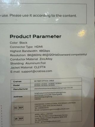 Cable HDMI CRATREE 8K Fibra Óptica 20m