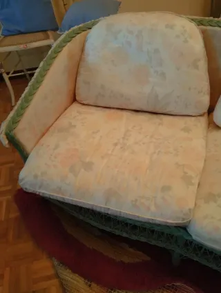 Sofá y butacas de mimbre beige y verde