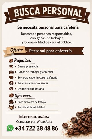 Personal Camarera para trabajar en cafeteria
