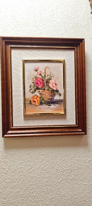 Cuadro Flores Cesta Marrón Rosa
