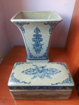 Jarrón y Cofre Vintage Cerámica Azul/Gris