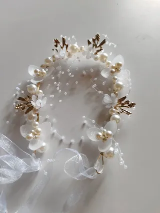 Diadema Novia Perlas Flores Doradas