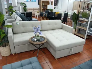 Sofá Cama Chaise Longue Beige con Arcón