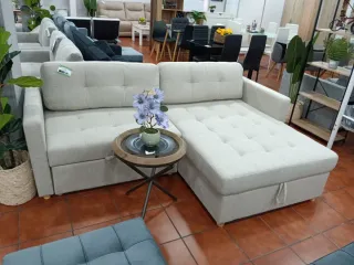 Sofá Cama Chaise Longue Beige con Arcón