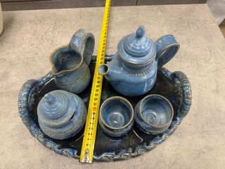 Juego té cerámica artesanal azul