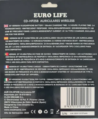 Auriculares Bluetooth 5.0 EURO LIFE Negros