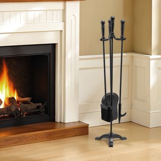 Set di Attrezzi per Camino 4 Pezzi con Supporto