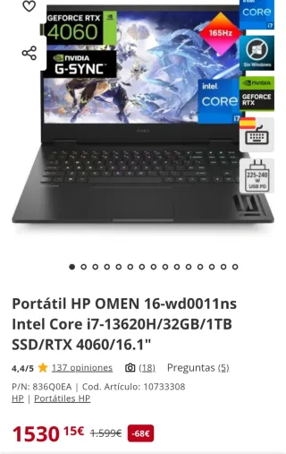 Portátil HP OMEN 16 RTX 4060 Intel i7