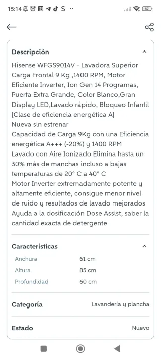 Lavadora Hisense WFGS9014V Alta Gama URGE VENTA