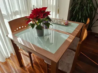 Mesa comedor madera y cristal con 4 sillas.