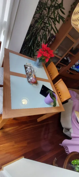 Mesa comedor madera y cristal con 4 sillas.