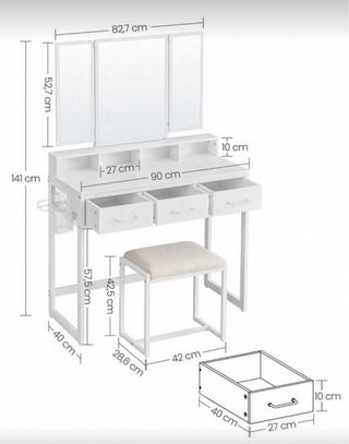 Tocador blanco con espejo y taburete
