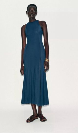 Vestido Zara largo tul godets azul