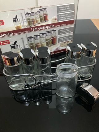 Especiero 6 botes metal y cristal