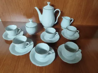 Juego de café porcelana blanco y plata