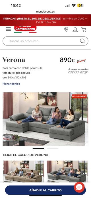 Sofá Cama Verona Gris Doble Península