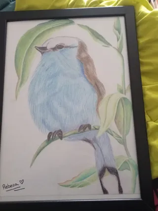 Dibujo de pájaro azul y hojas