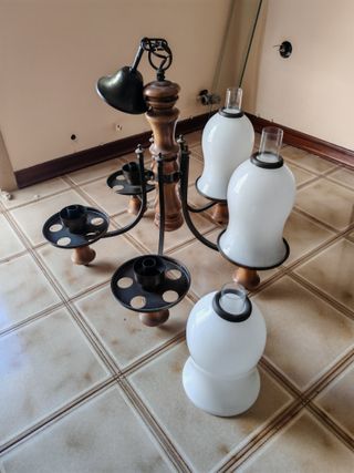 Lampadario anni '80 legno, ferro, vetro