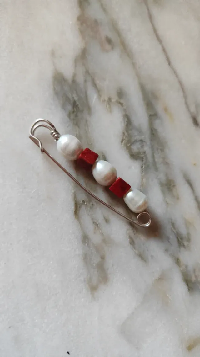 Broche Plata 925 Coral y Perla