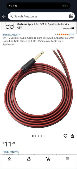 Cable Audio 1/4 TS Marrón Dorado