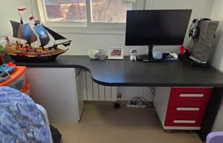 Habitación juvenil con escritorio y estanterías.