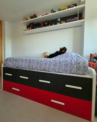 Habitación juvenil con escritorio y estanterías.