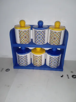 Set 6 Tarros Especias con Mueble Madera Azul