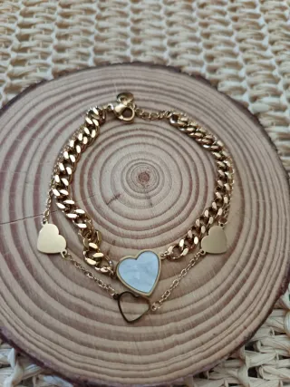 Pulsera Acero Corazones Dorada y Blanca